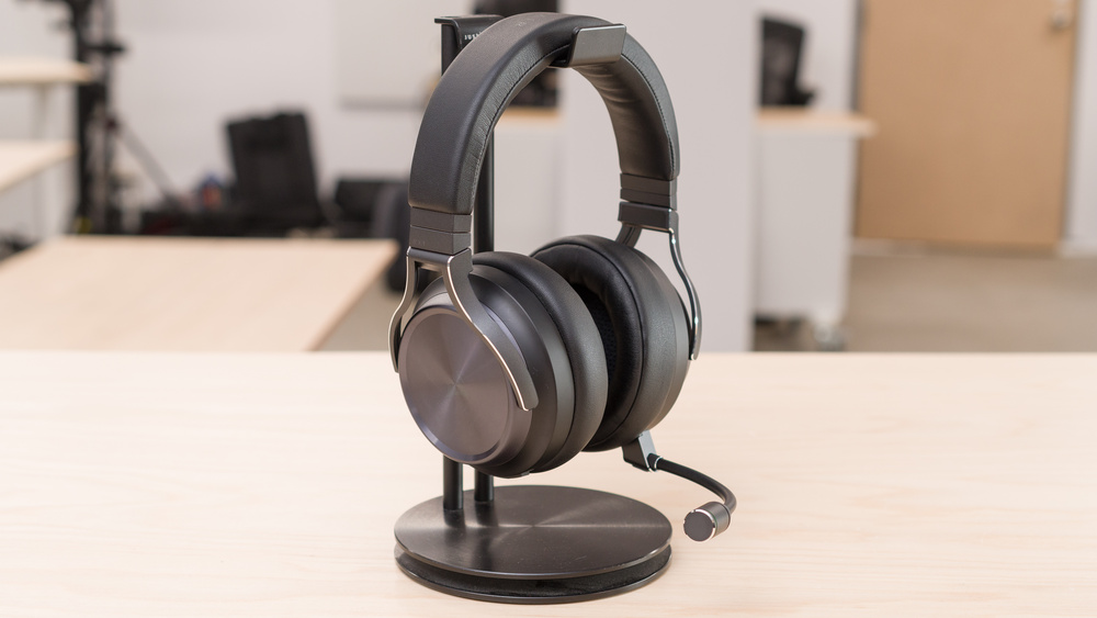 Corsair-Virtuoso-RGB-Wireless-XT-Best-Wireless-Gaming-Headphones on a Headphone Stand